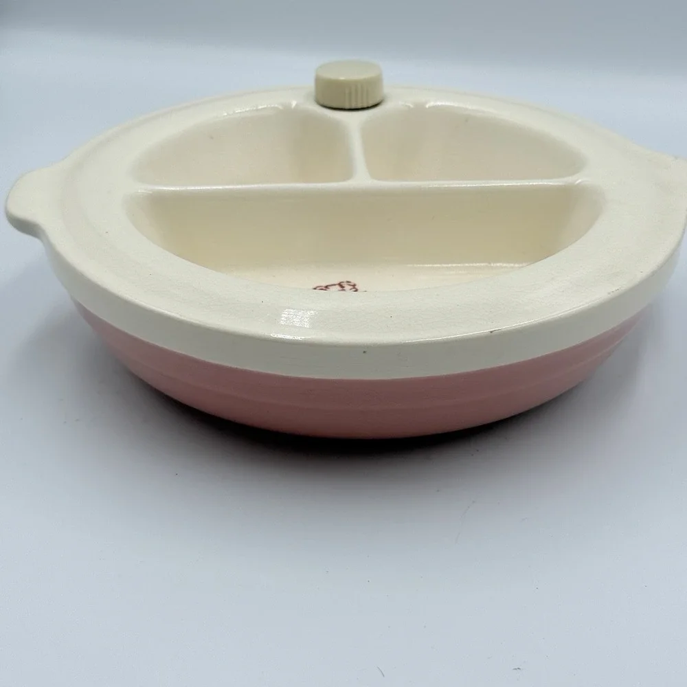 Vintage Baby Warming Dish Bowl Ceramic Pink Bears 1940s With Cork Plug